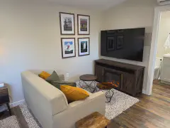 Living area with sofa, electric fireplace, and TV